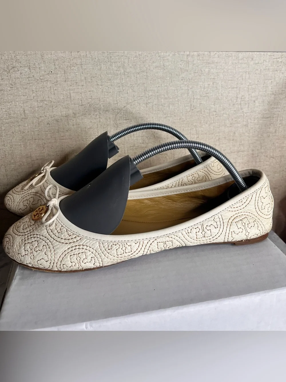 Tory Burch Cream Embroidered Ballet Flat with Logo Medallion